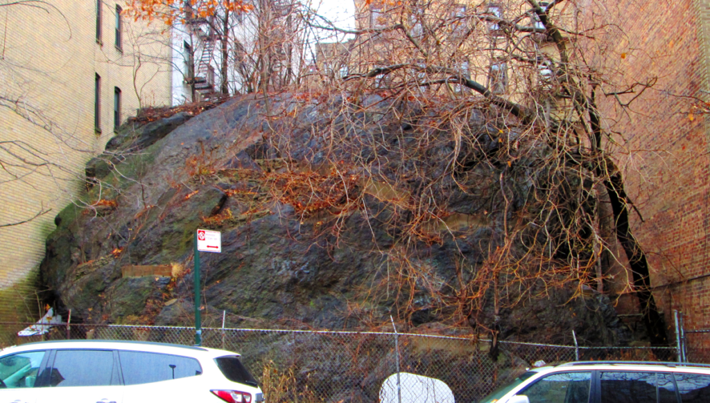 A photograph of a large piece of rock sandwiched between two buildings, as seen from the street. The rock reaches the second floor of the adjacent buildings. There are two cars a, a tree, and a street sign in front of the rock. It is fenced in with wire fencing. 