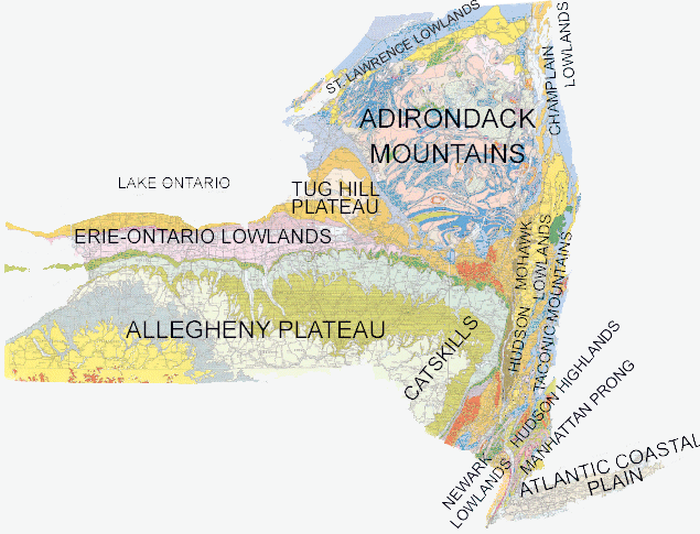A map of New York State with geologic areas color coded, eg. Atlantic Coastal Plain, Adirondack Mountains, Manhattan Prong.