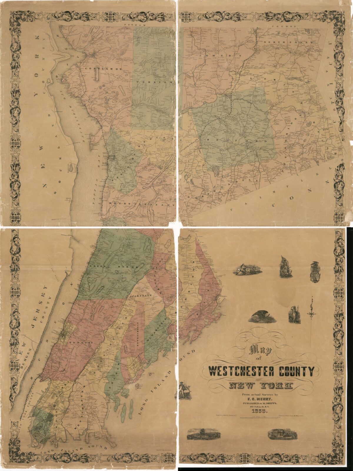 A map of Westchester with counties in different colors. Includes property owners names.