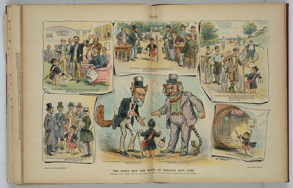 An old book with a cartoon displayed across the spread of two pages. It shows a grouping of vignettes showing the characters as animals.
