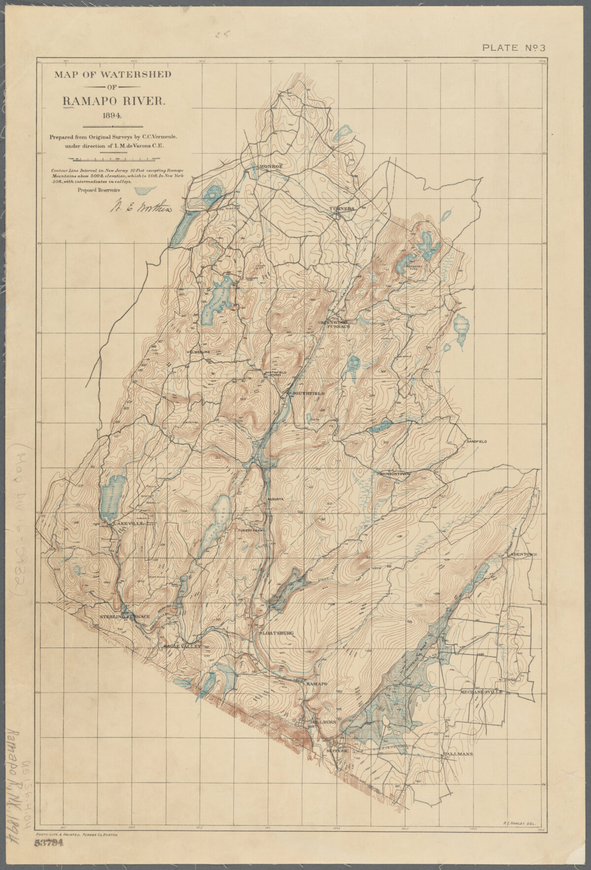 A map on faded yellow paper of the Ramapo River Watershed. The area is isolated from its surroundings. Bodies of water are colored blue. The area is rich in topographic lines which indicate hills, mountains, and valleys.
