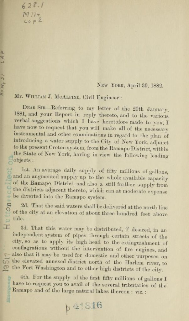 A page from a report of a plan for supplementing the Croton water supply to the City of New York from the Ramapo District by William J. McAlpine. Published in 1882. 