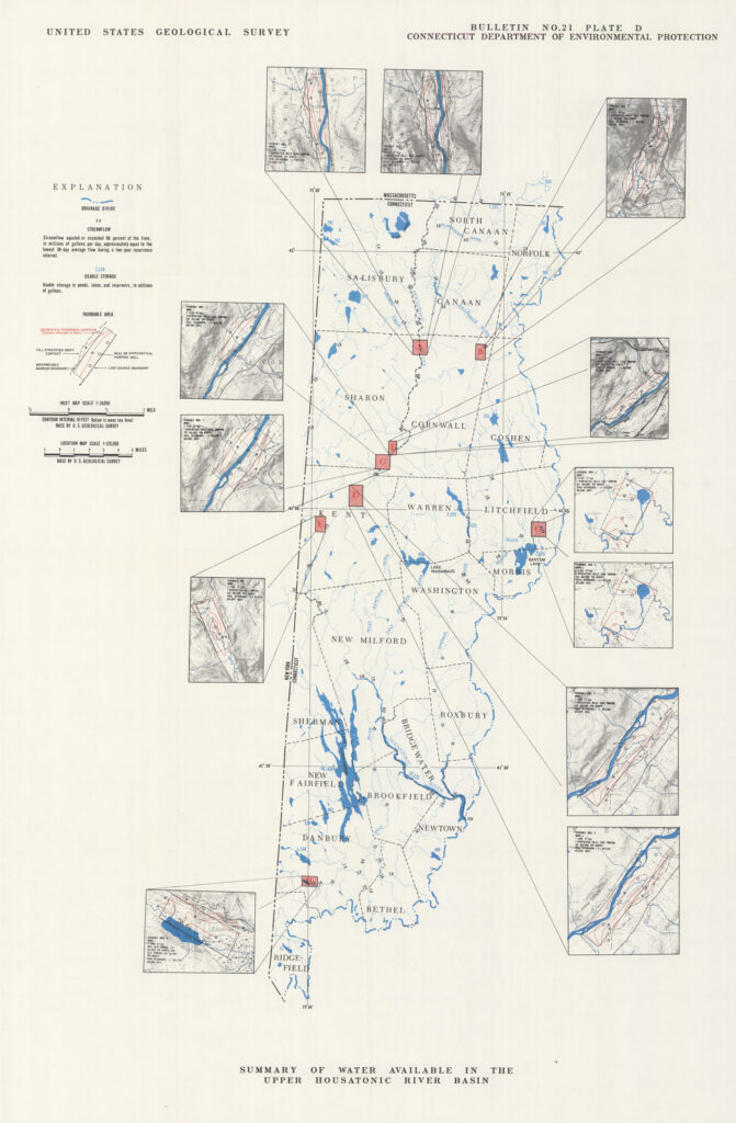 A map of a section of Connecticut with water sources and cut away parts of the map that zoom in on detailed sections.