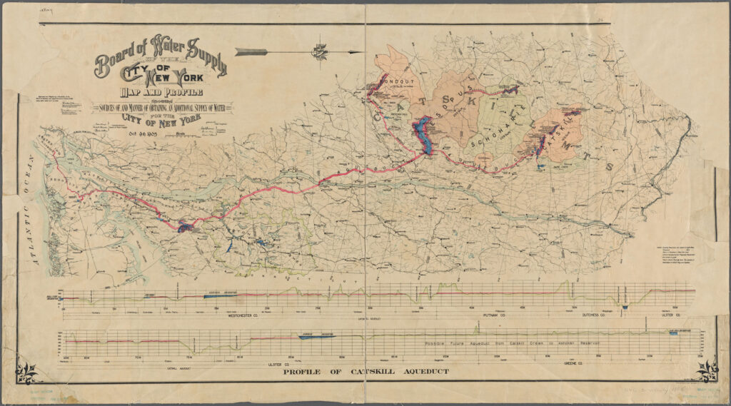 A map of lower Hudson Valley and surrounds, oriented horizontally (north to south runs left to right). The Catskill Aqueduct is lined in pink and runs from Manhattan to the Catskill Mountains. Parts of the Catskill Watershed are highlighted including Rondout, Esopus, Schoharie, and Catskill.