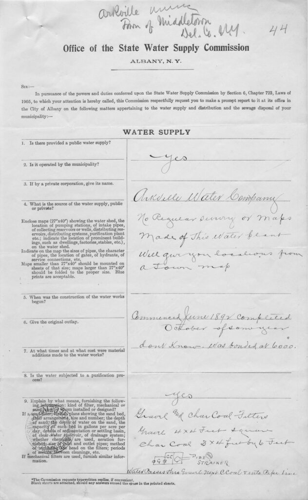 A photo of a black and white survey document with "Office of the State Water Supply Commission, Albany NY" typed in the heading. The body of the document is unreadable, but it features typed questions on the left and handwritten answers in script on the right.