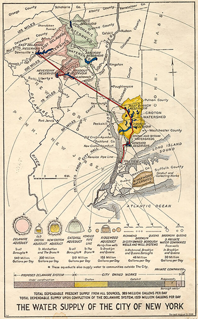 A hand drawn map, mostly black with some color coding, showing the NYC water system including the Delaware/Catskill, and Croton systems, and the aqueducts that connect them to NYC. Also seen is the old Ridgewood watershed, no longer in use. Cut aways of the tunnels showing their shape and comparative size are labeled below the map.  