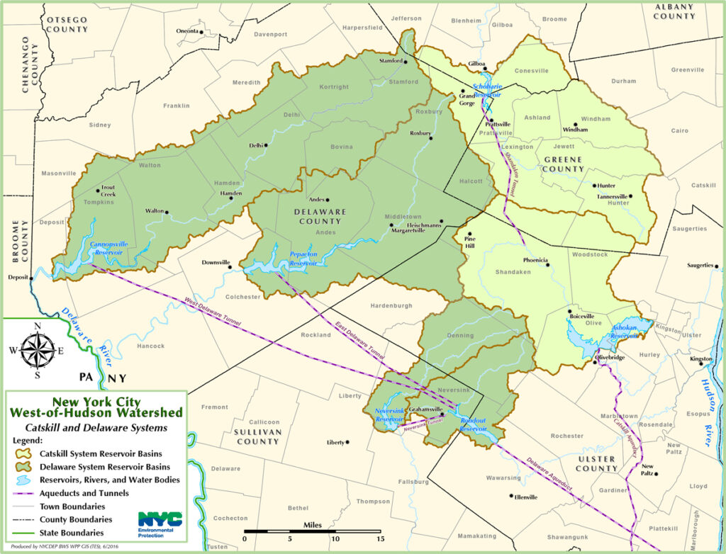 A contemporary map of the West of Hudson watersheds, aqueducts, and reservoirs. The Delaware watershed is shaded green and touches the Delaware River on the right, close to the PA/NY border.