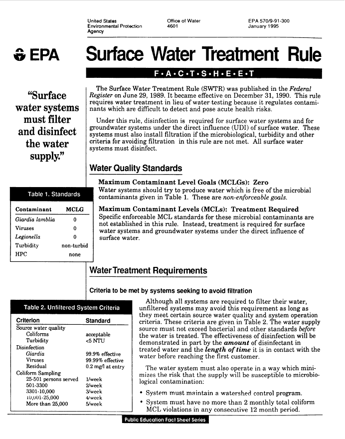 A black and white fact sheet document from the EPA about the Surface Water Treatment Rule, dated 1995. Large text reads "Surface water systems must filter and disinfect the water supply". There are water quality standards and water treatment requirements paragraphs and charts showing acceptable levels of contaminants. 