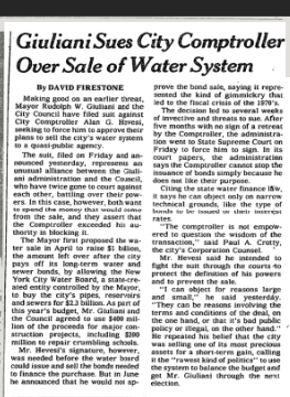 A black and white newspaper clipping with the title "Guiliani Sues Comptroller Over Sale of Water System 