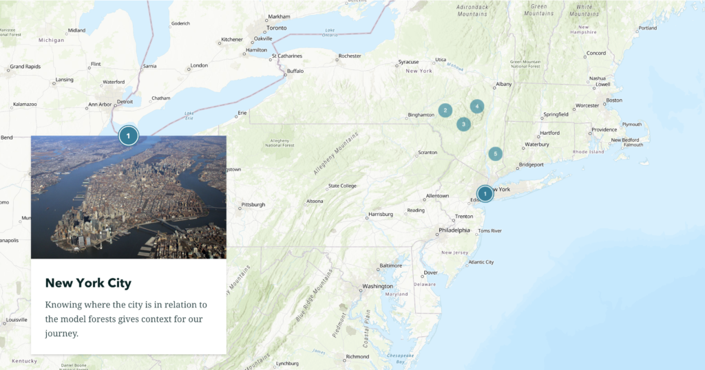 A screenshot of an online interactive map showing New York state and the surrounding states. An inset aerial photo of Manhattan is laid on top of the map and 5 numbered markers are shown on the map in Manhattan and forested land upstate NY.