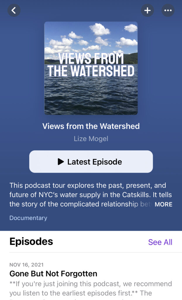A screenshot from the Podcast app on an iPhone. The podcast is "Views from the Watershed" with a graphic thumbnail featuring a photo of water, as if taken from the waters edge or a boat. There's a button to play the latest episode